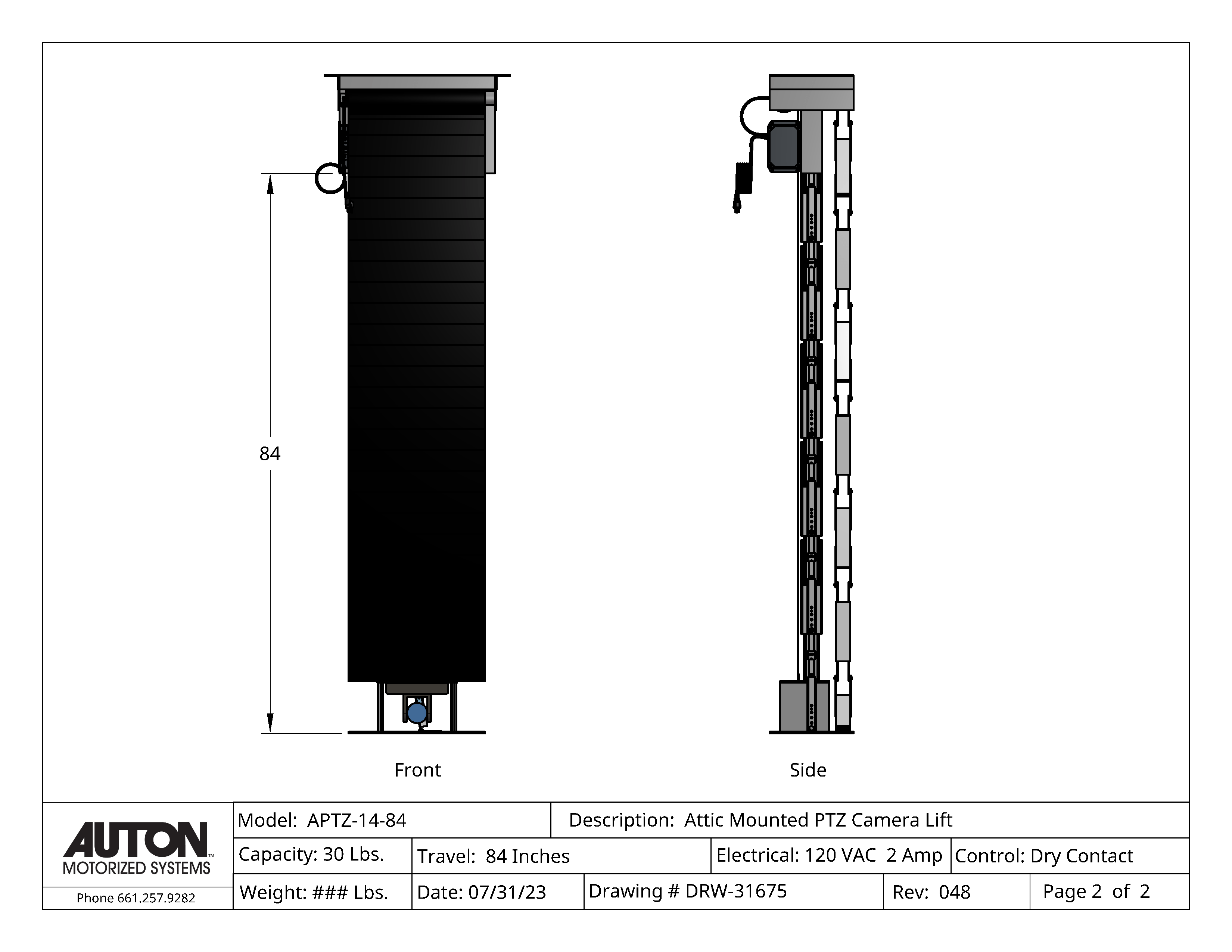 PTZ Camera Lift - Ceiling Mounted - Travel: 84 Inches - Model APTZ-14-84