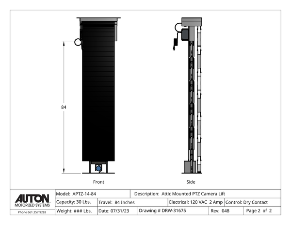 PTZ Camera Lift - Ceiling Mounted - Travel: 84 Inches - Model APTZ-14-84
