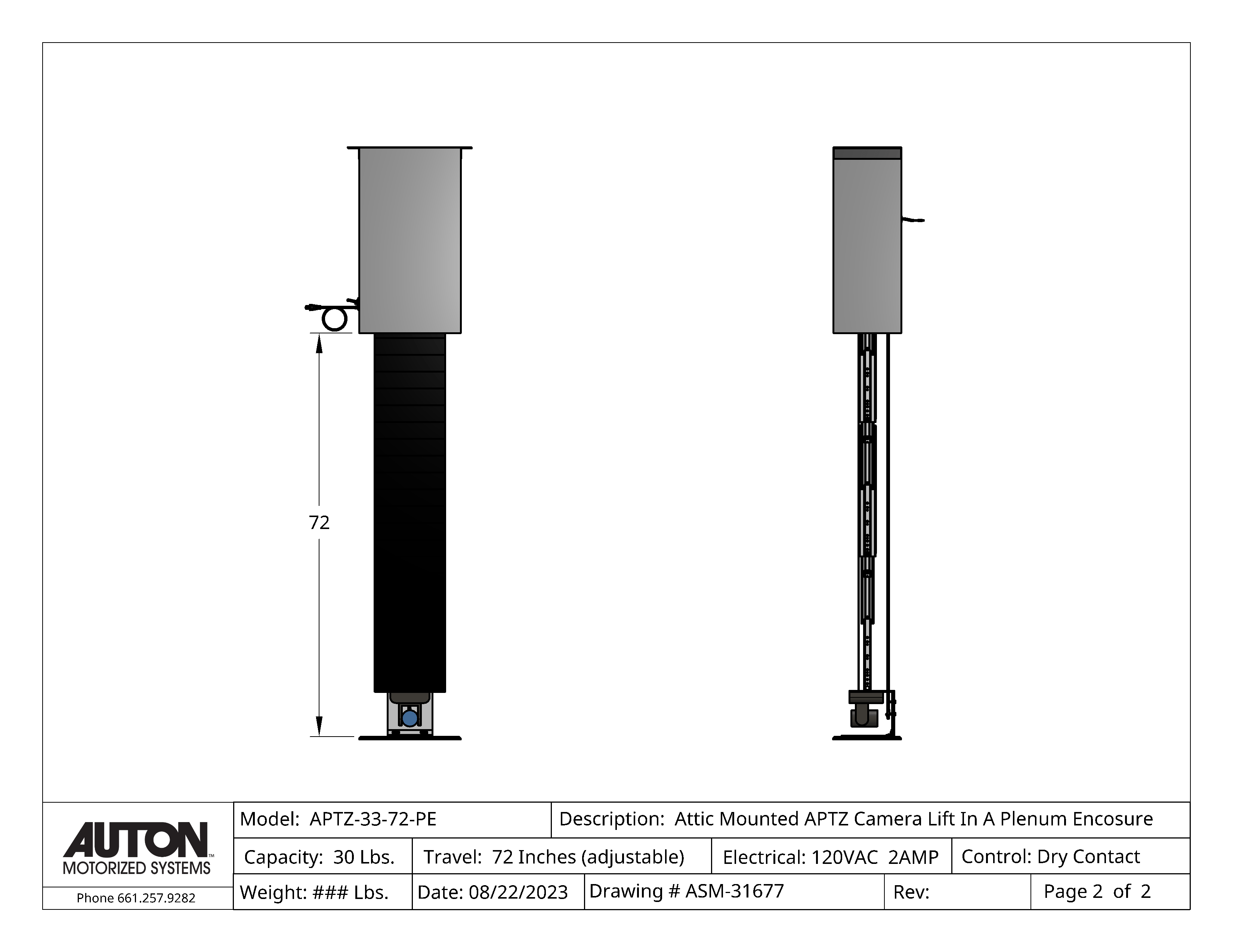 Plenum Enclosed PTZ Camera Lift - Ceiling Mounted - Travel: 72 Inches - Model APTZ-33-72-PE