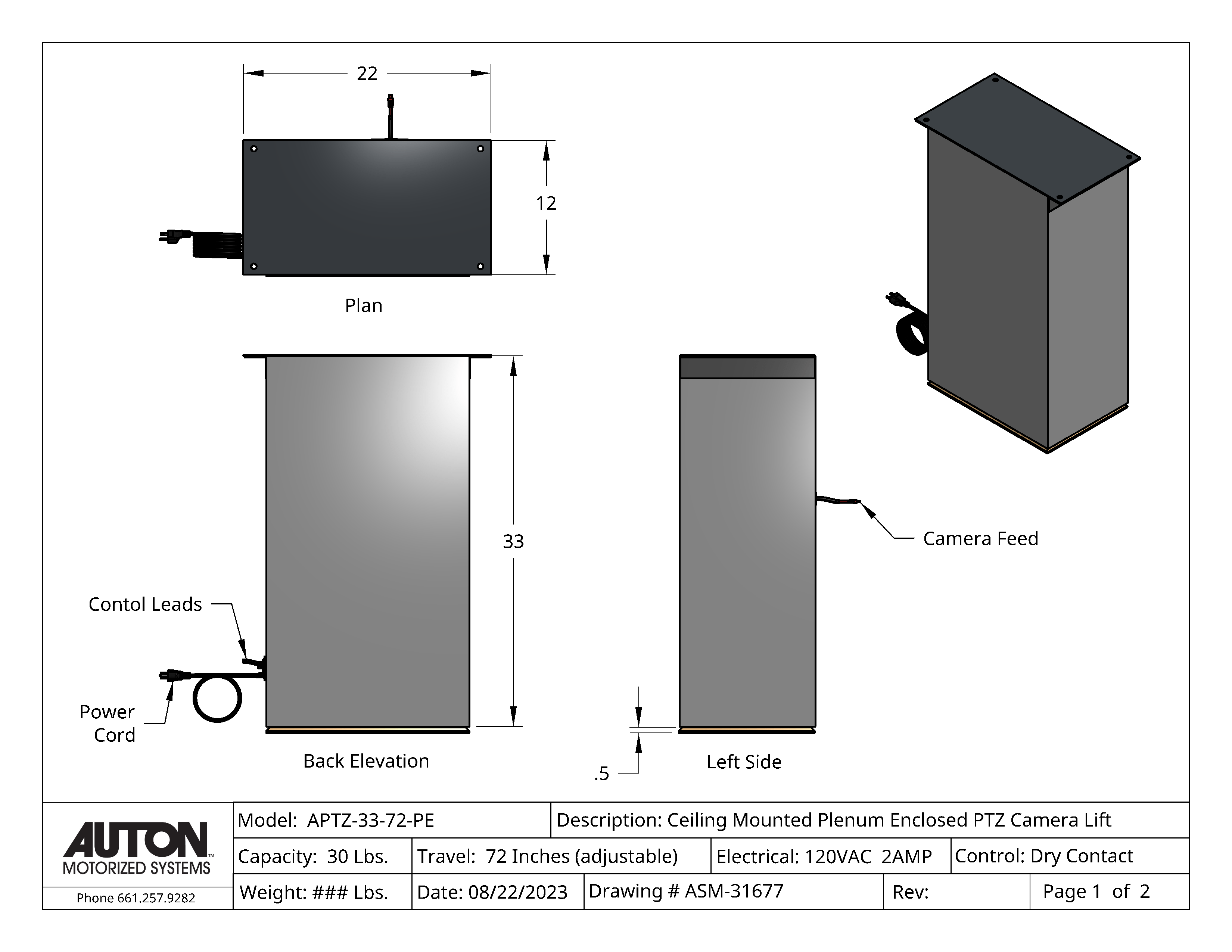 Plenum Enclosed PTZ Camera Lift - Ceiling Mounted - Travel: 72 Inches - Model APTZ-33-72-PE