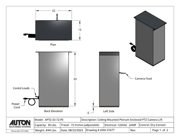 Plenum Enclosed PTZ Camera Lift - Ceiling Mounted - Travel: 72 Inches - Model APTZ-33-72-PE