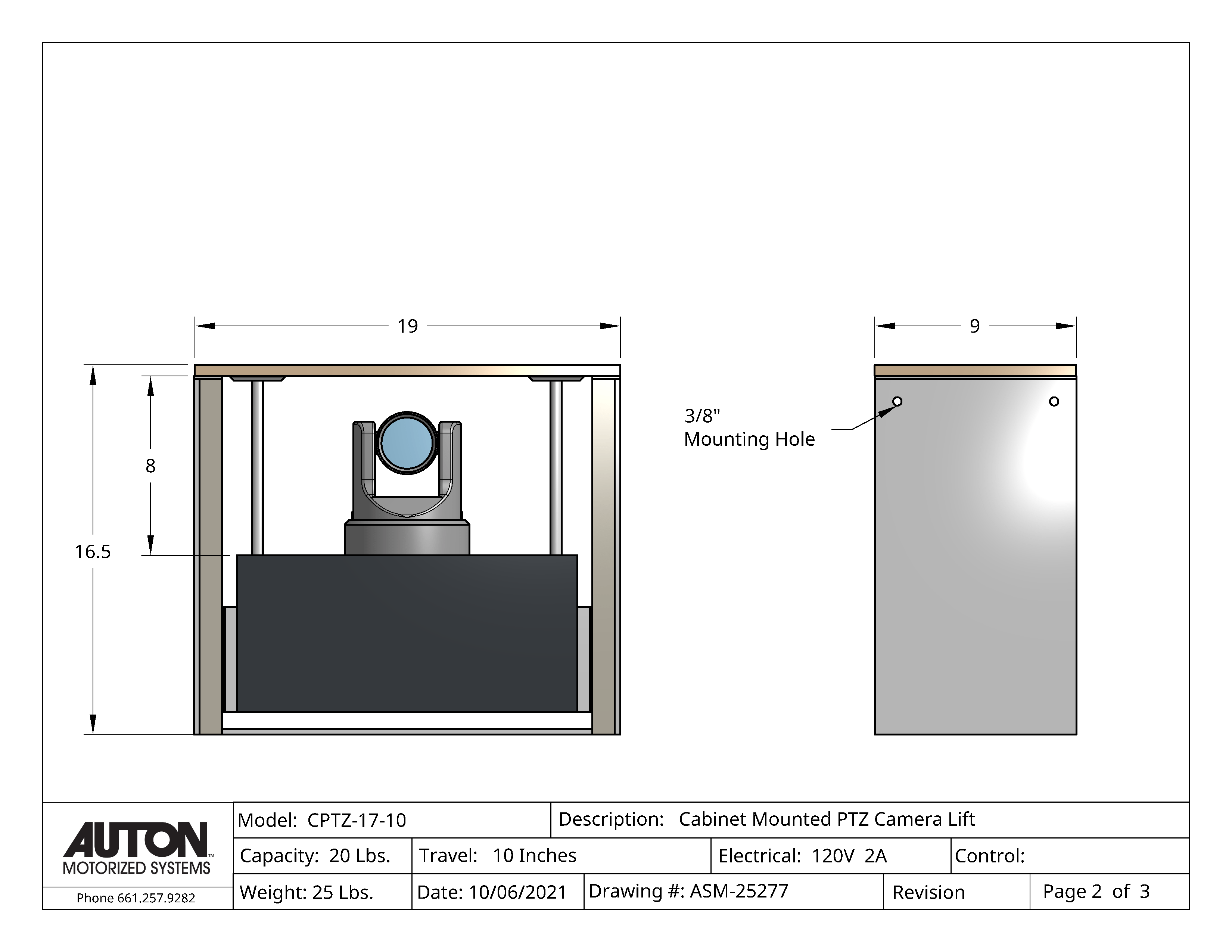 PTZ Camera Lift - Cabinet Mounted - Travel 10