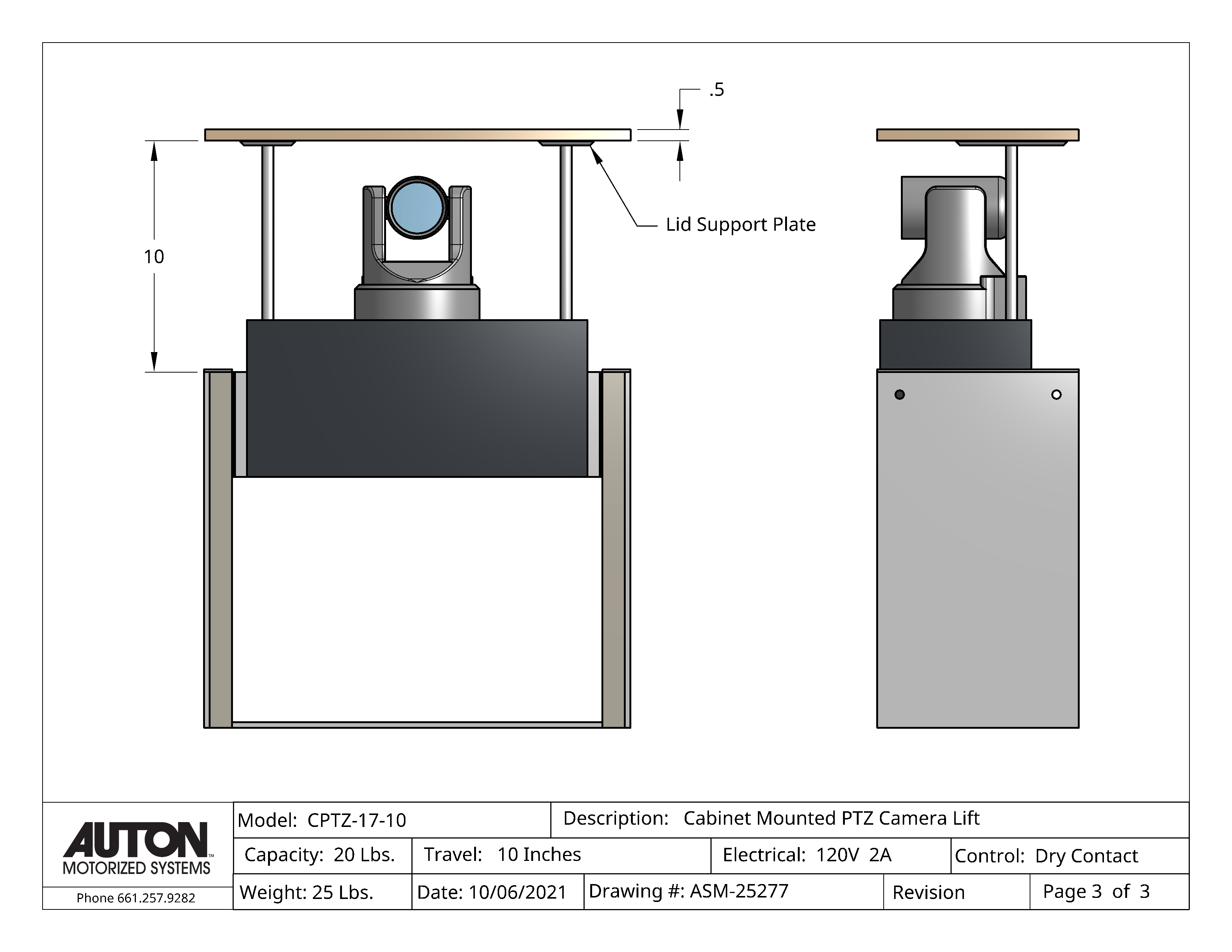 PTZ Camera Lift - Cabinet Mounted - Travel 10