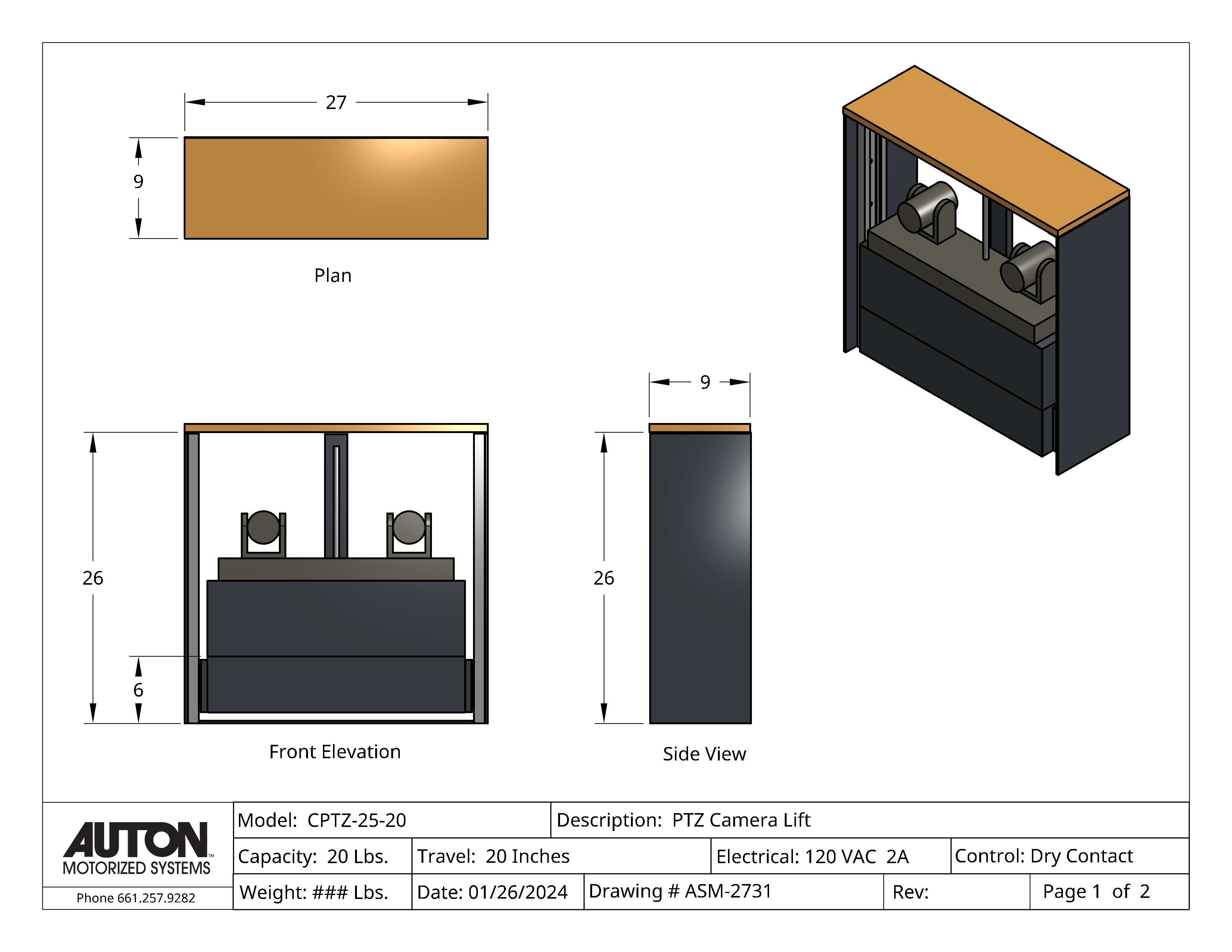 PTZ Camera Lift - Cabinet Mounted - Travel 20