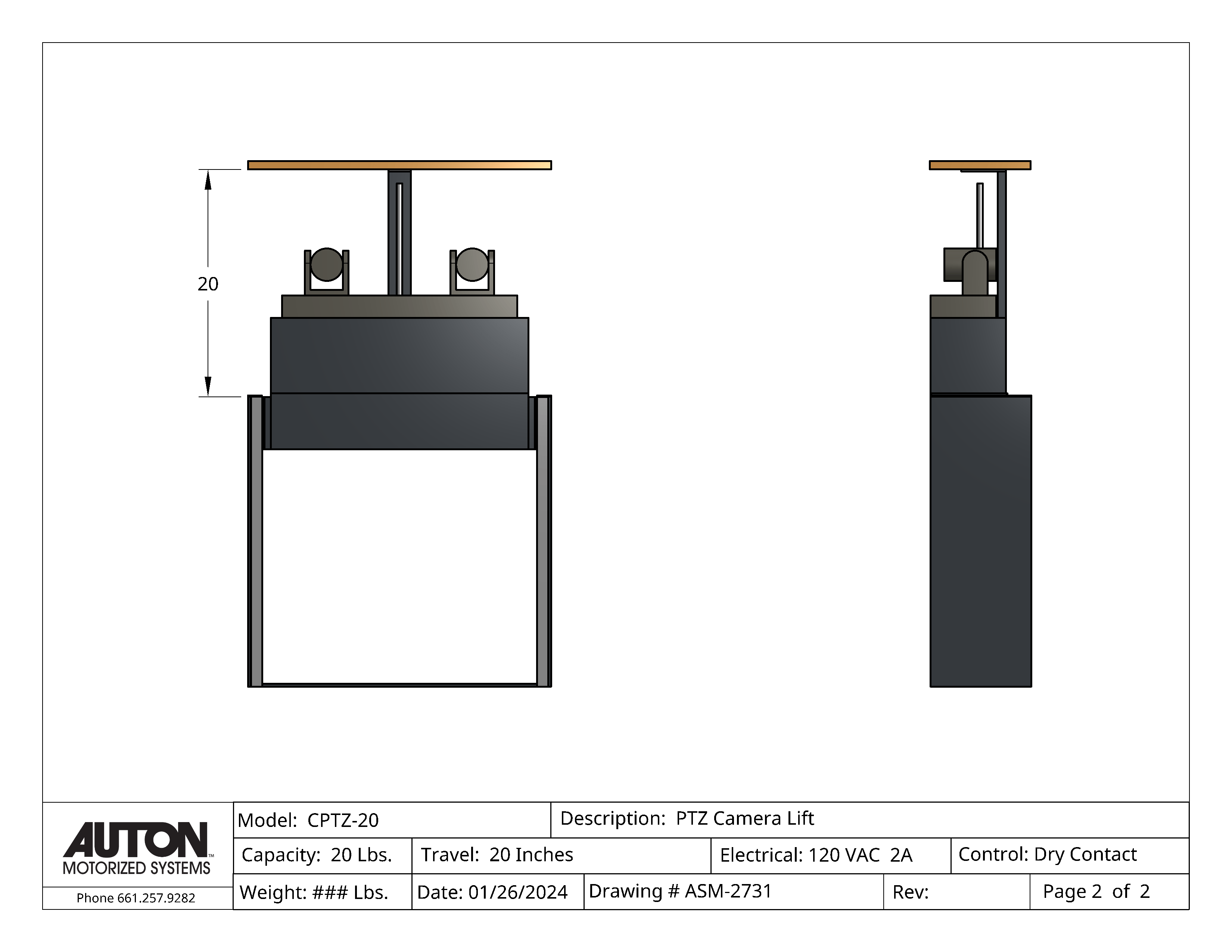 PTZ Camera Lift - Cabinet Mounted - Travel 20