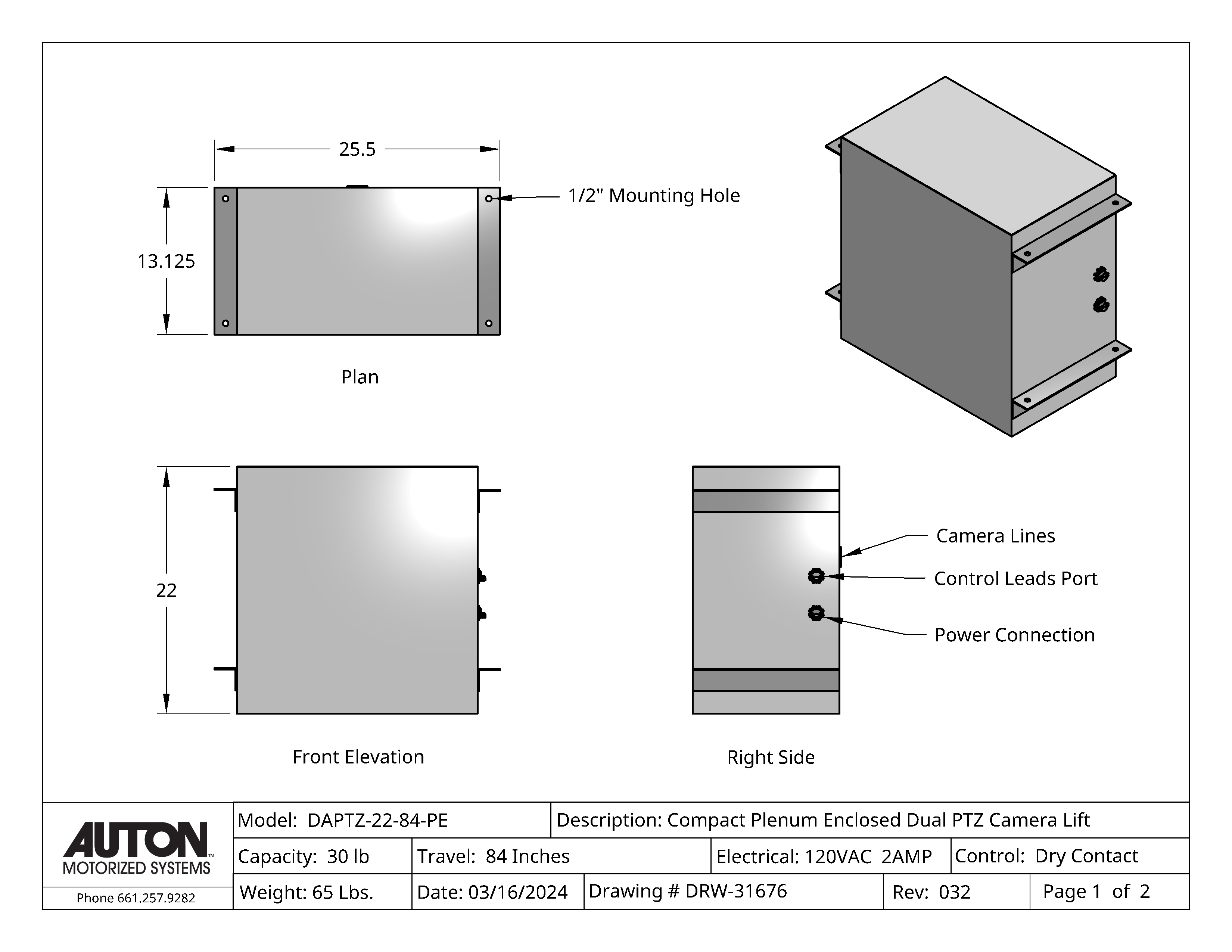 Plenum Enclosed Dual PTZ Camera Lift - Ceiling Mounted - Travel: 84 Inches - Model DAPTZ-22-84-PE