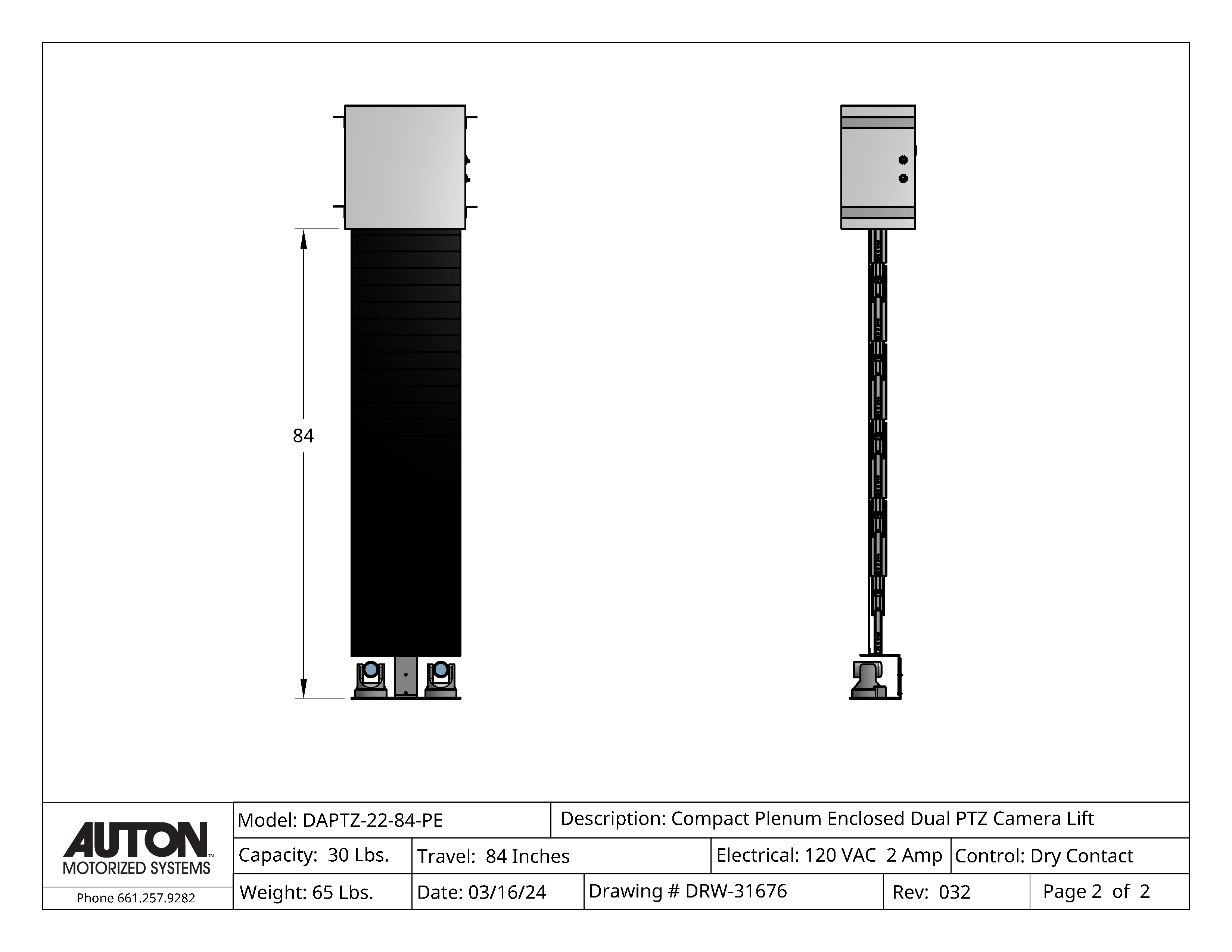 Plenum Enclosed Dual PTZ Camera Lift - Ceiling Mounted - Travel: 84 Inches - Model DAPTZ-22-84-PE