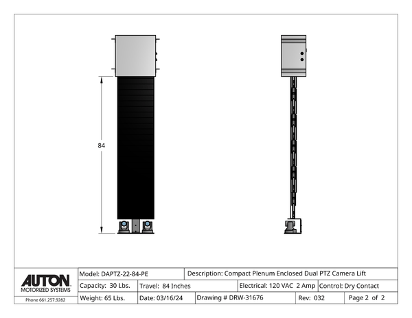 Plenum Enclosed Dual PTZ Camera Lift - Ceiling Mounted - Travel: 84 Inches - Model DAPTZ-22-84-PE