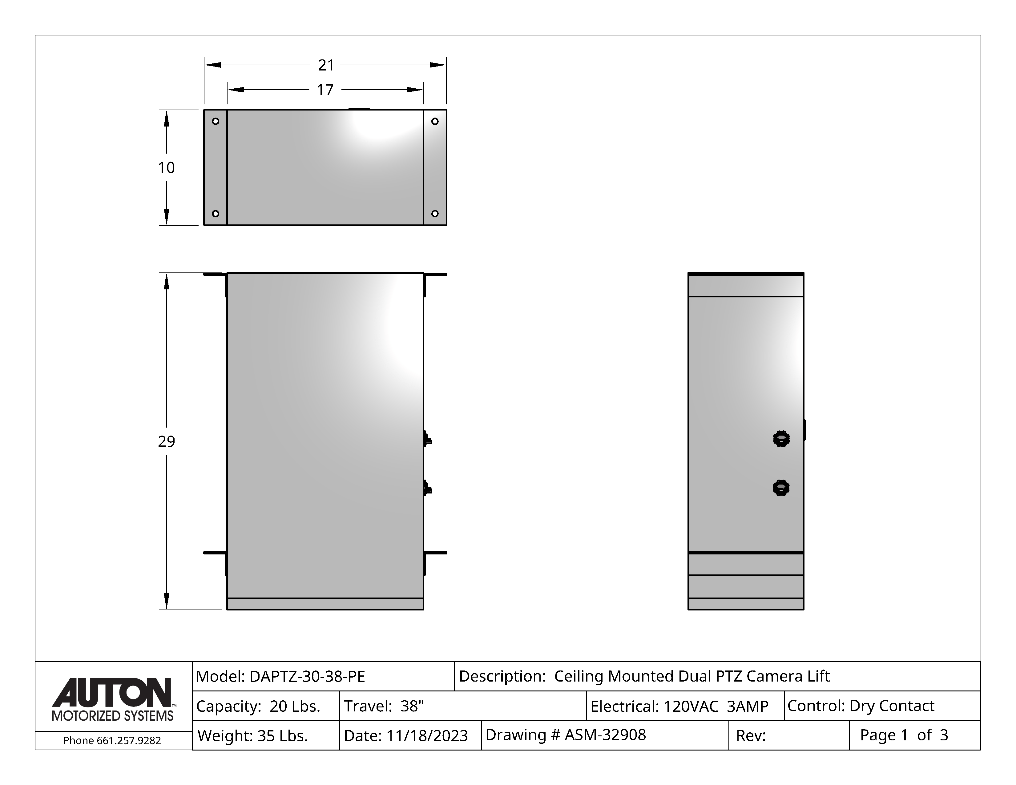 Plenum Enclosed Dual PTZ Camera Lift - Ceiling Mounted - Travel: 38 Inches - Model DAPTZ-30-38-PE