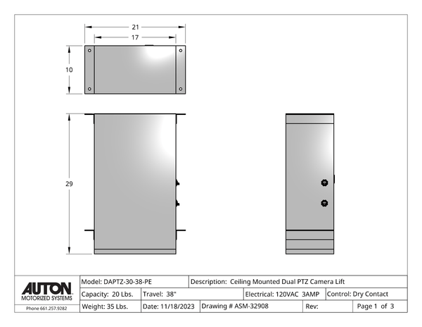 Plenum Enclosed Dual PTZ Camera Lift - Ceiling Mounted - Travel: 38 Inches - Model DAPTZ-30-38-PE