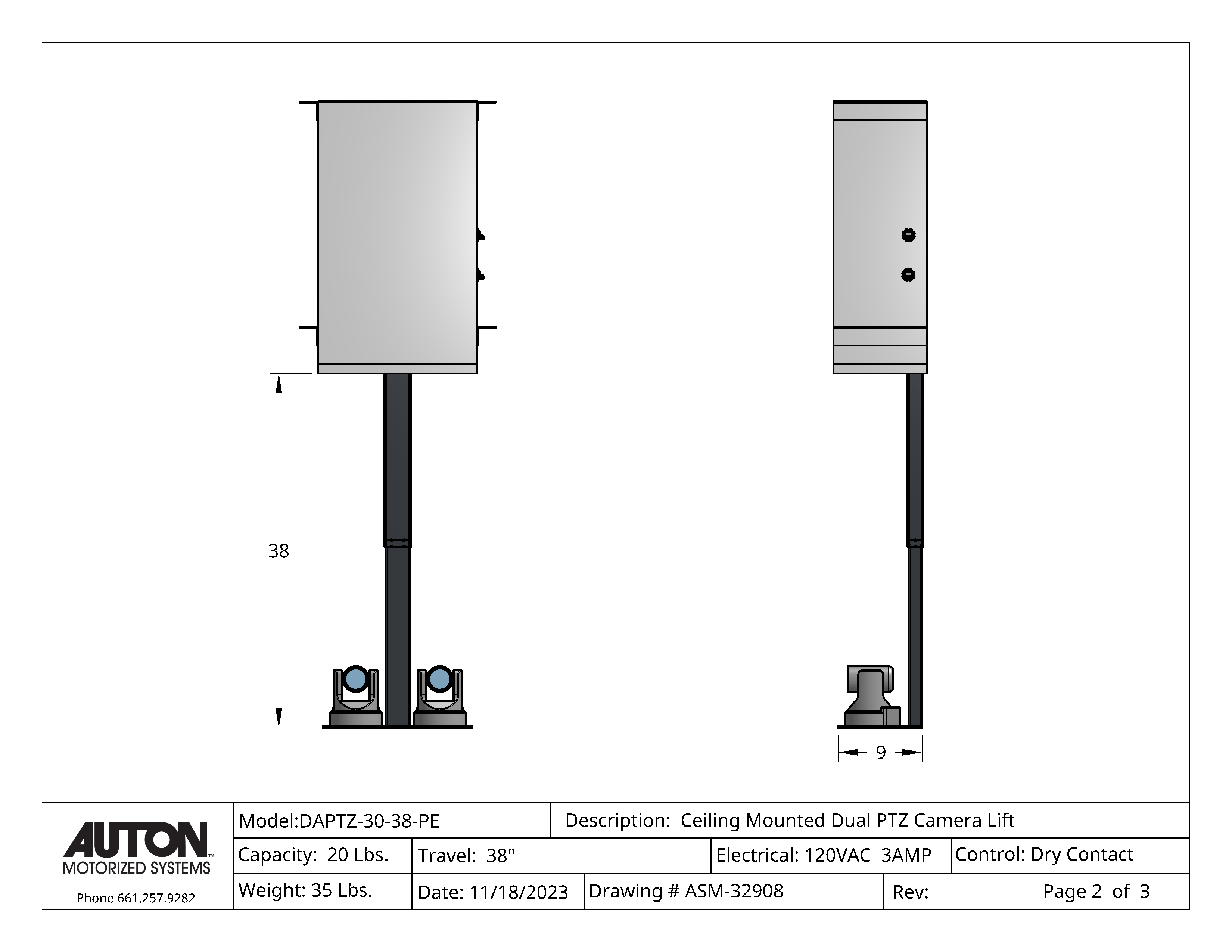 Plenum Enclosed Dual PTZ Camera Lift - Ceiling Mounted - Travel: 38 Inches - Model DAPTZ-30-38-PE