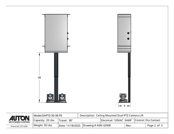 Plenum Enclosed Dual PTZ Camera Lift - Ceiling Mounted - Travel: 38 Inches - Model DAPTZ-30-38-PE