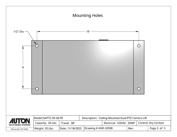 Plenum Enclosed Dual PTZ Camera Lift - Ceiling Mounted - Travel: 38 Inches - Model DAPTZ-30-38-PE