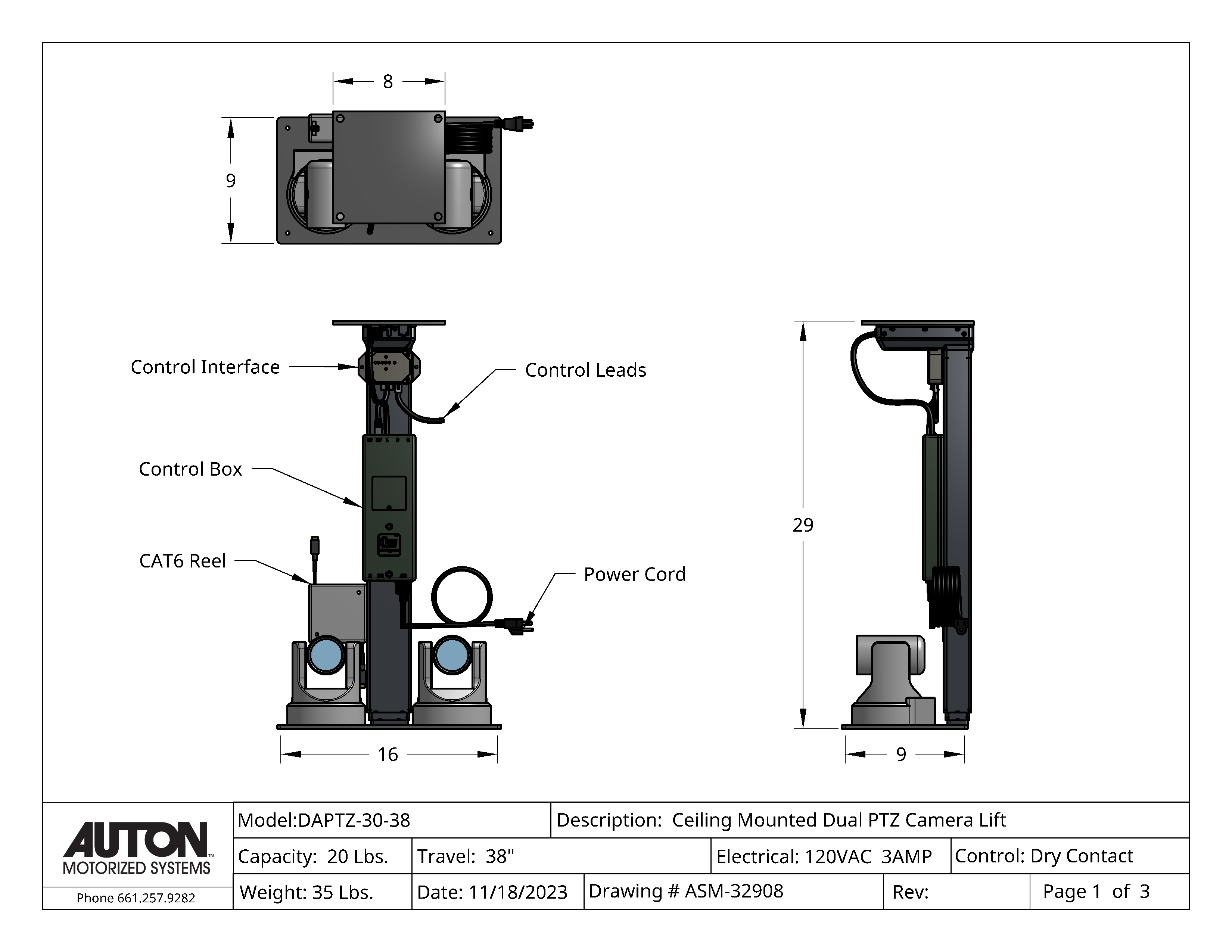 Dual PTZ Camera Lift - Ceiling Mounted - Travel: 38 Inches - Model DAPTZ-30-38