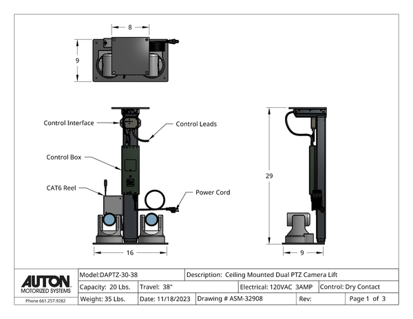 Dual PTZ Camera Lift - Ceiling Mounted - Travel: 38 Inches - Model DAPTZ-30-38
