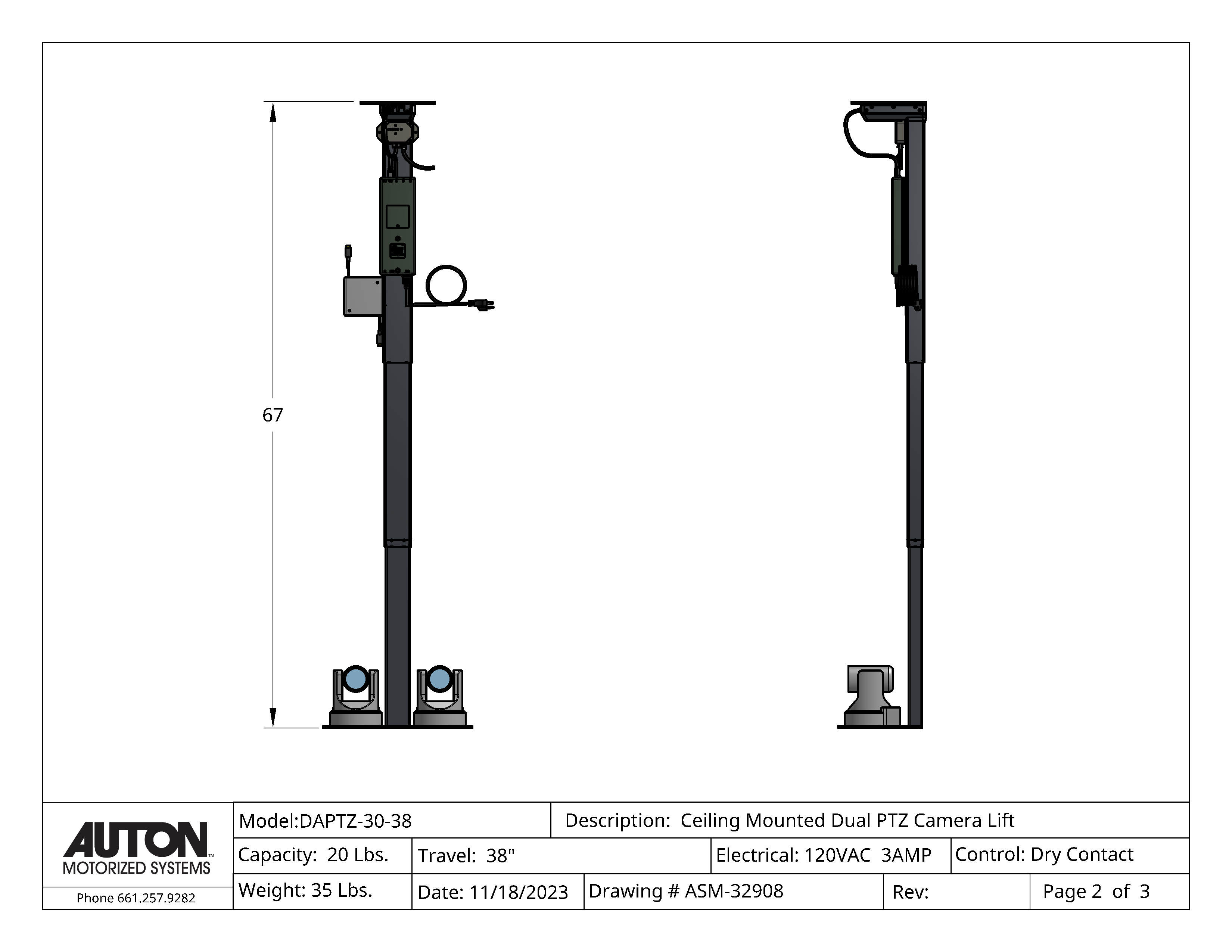 Dual PTZ Camera Lift - Ceiling Mounted - Travel: 38 Inches - Model DAPTZ-30-38