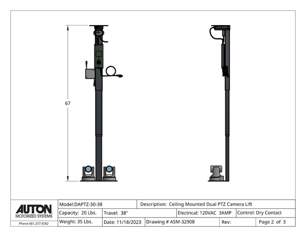 Dual PTZ Camera Lift - Ceiling Mounted - Travel: 38 Inches - Model DAPTZ-30-38
