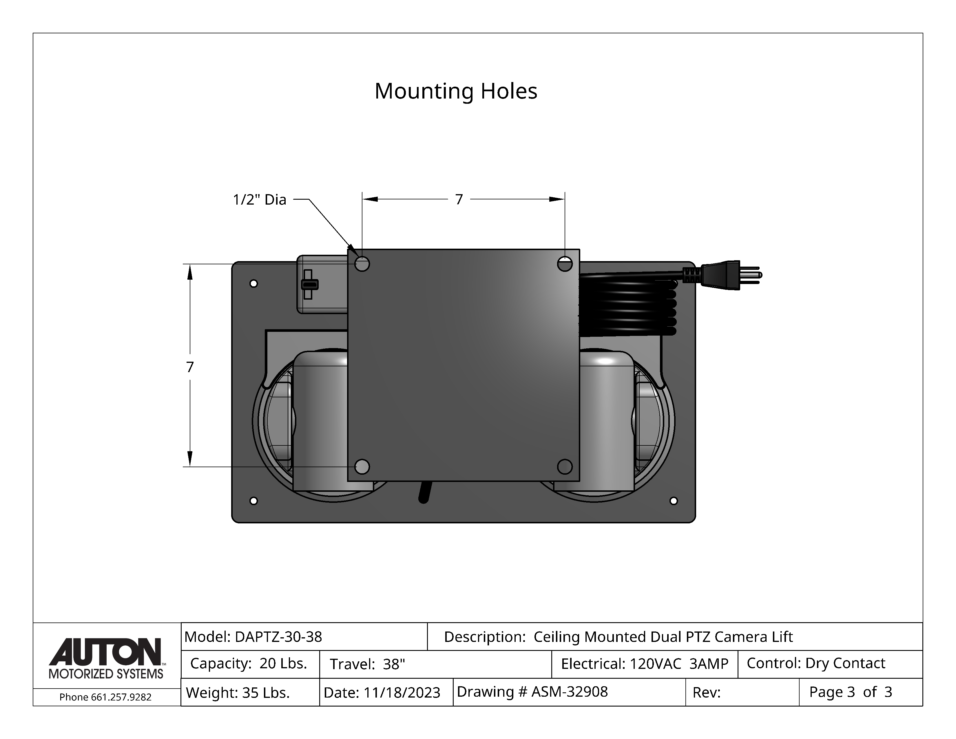 Dual PTZ Camera Lift - Ceiling Mounted - Travel: 38 Inches - Model DAPTZ-30-38