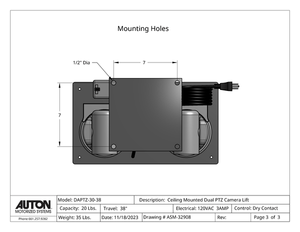 Dual PTZ Camera Lift - Ceiling Mounted - Travel: 38 Inches - Model DAPTZ-30-38