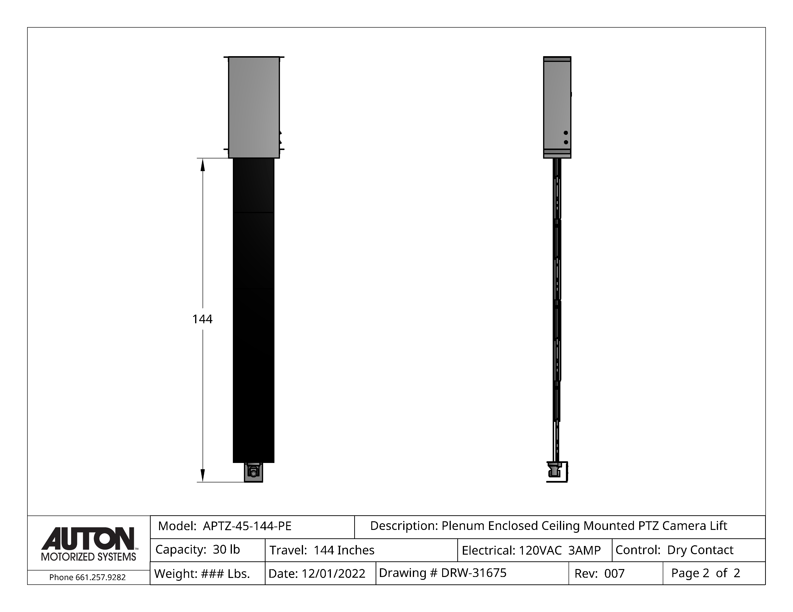 Plenum Enclosed PTZ Camera Lift - Ceiling Mounted - Travel: 144 Inches - Model APTZ-45-144-PE
