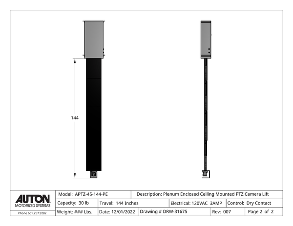 Plenum Enclosed PTZ Camera Lift - Ceiling Mounted - Travel: 144 Inches - Model APTZ-45-144-PE