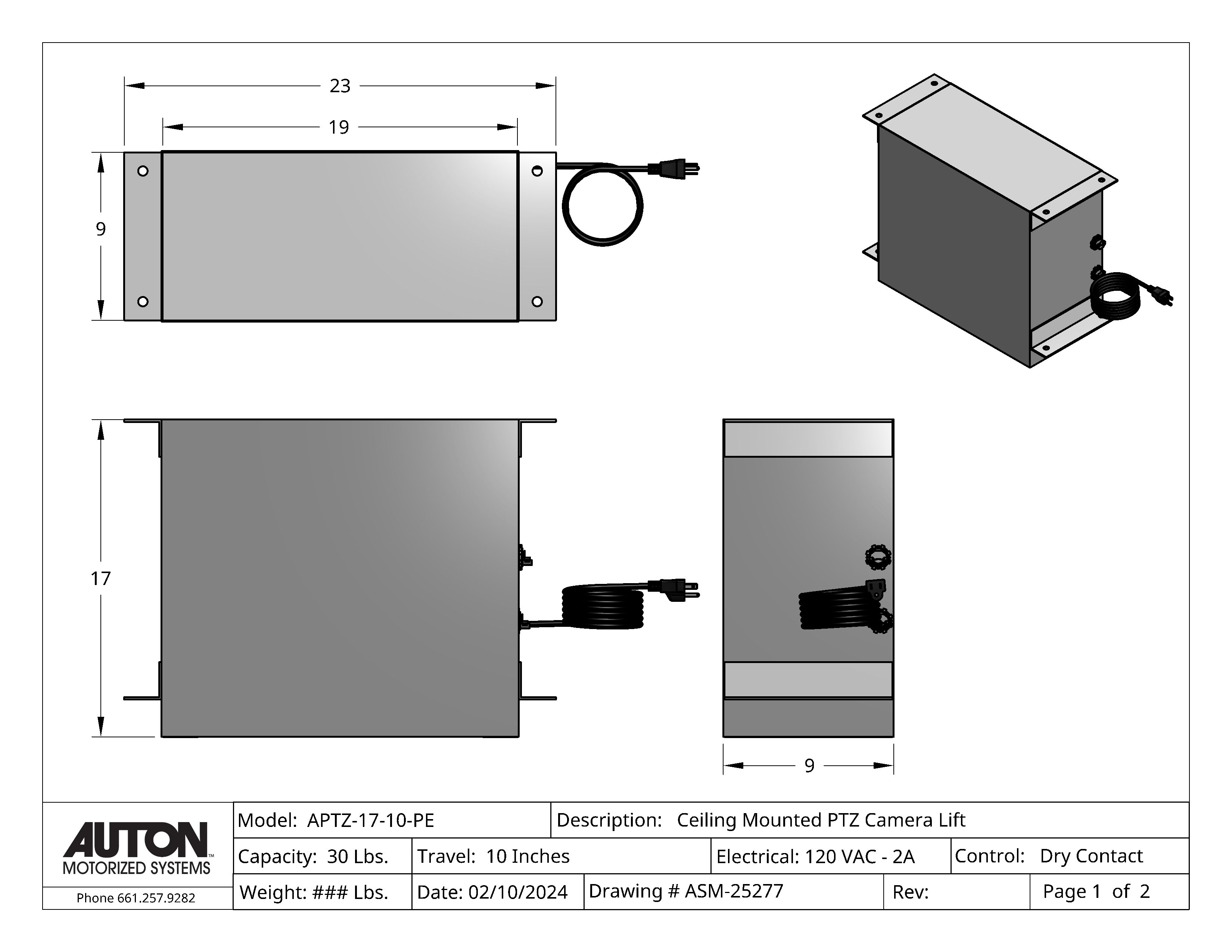 Plenum Enclosed PTZ Camera Lift - Ceiling Mounted - Travel 10