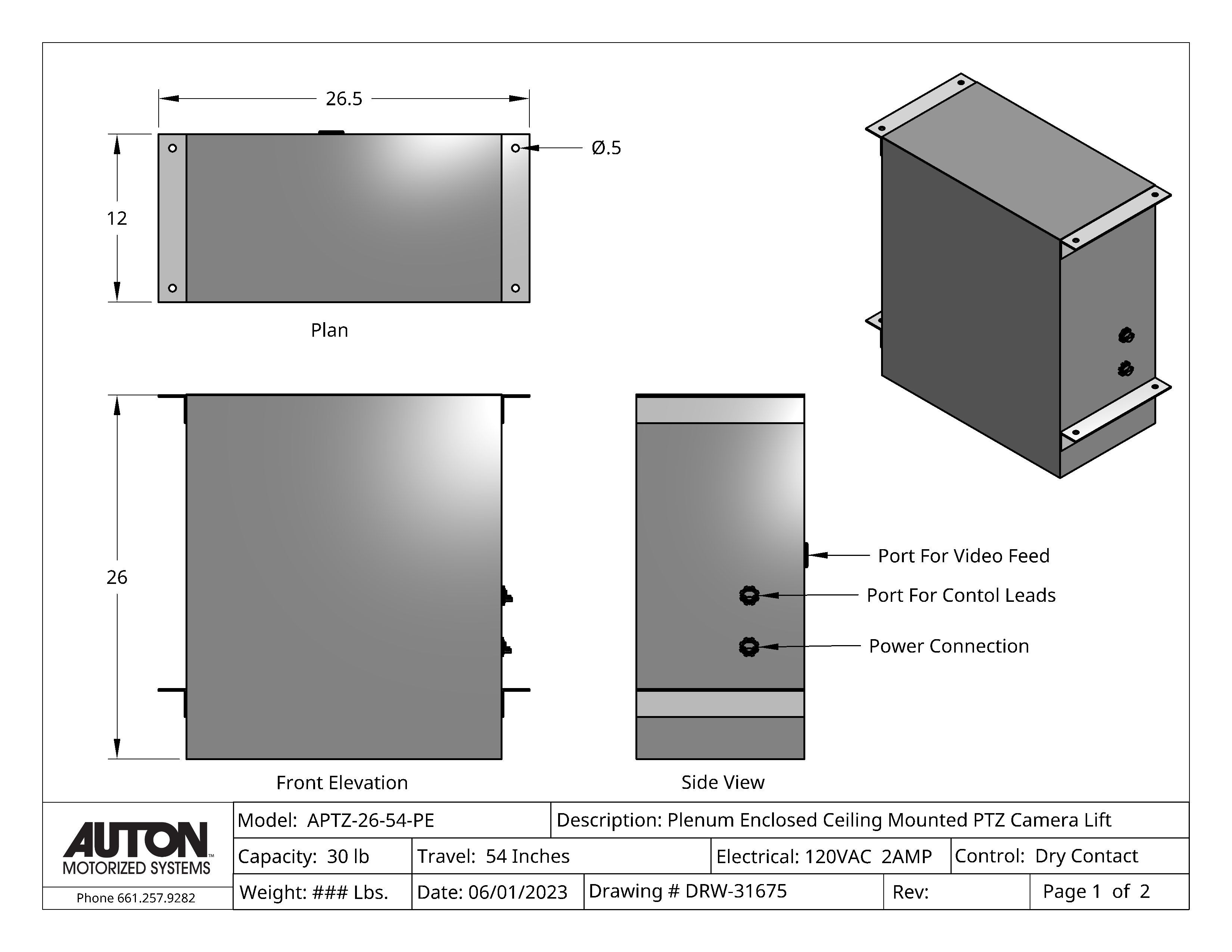Plenum Enclosed PTZ Camera Lift - Ceiling Mounted - Travel: 54 Inches - Model APTZ-26-54-PE