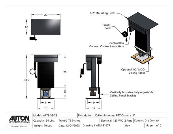 PTZ Camera Lift - Ceiling Mounted - Travel: 72 Inches - Model APTZ-33-72