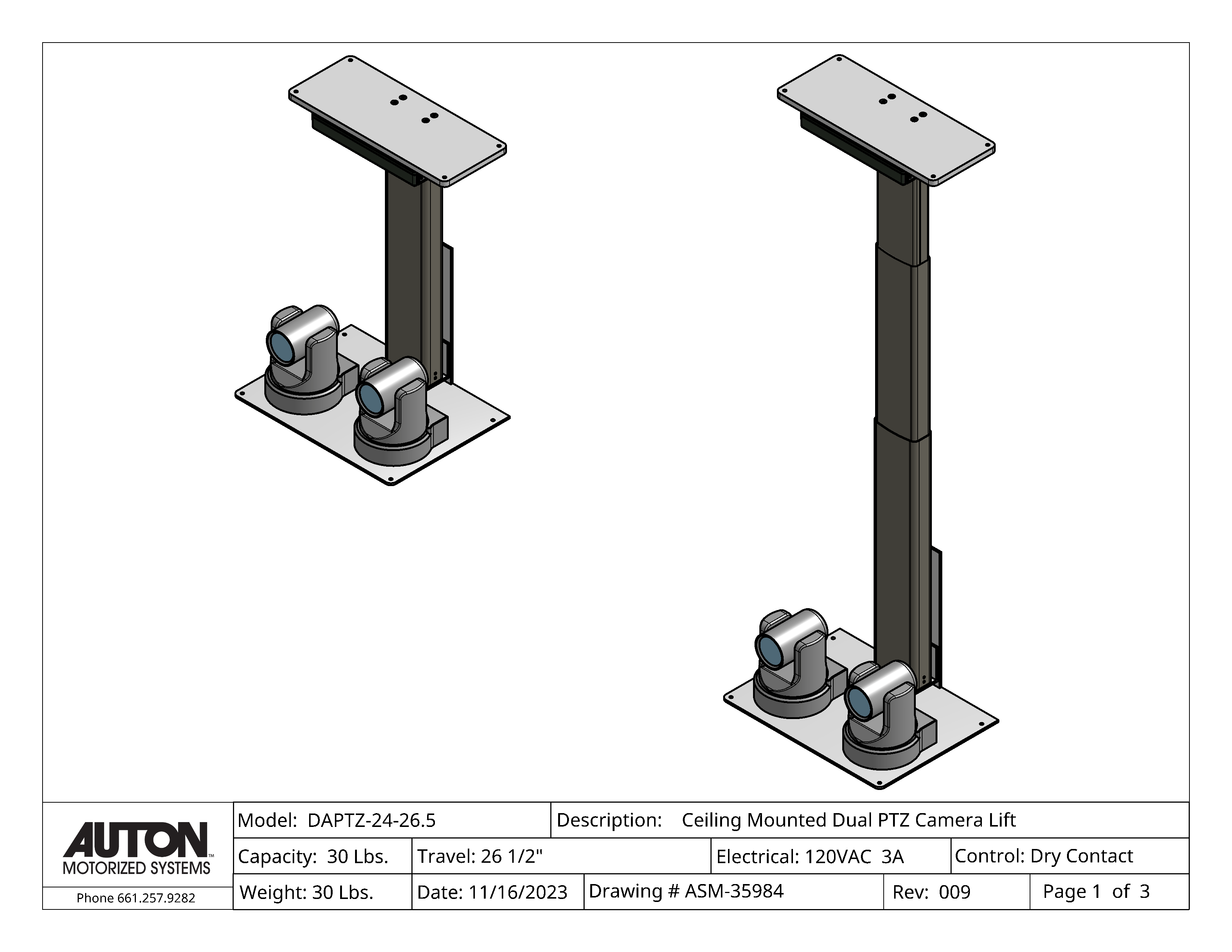 Dual PTZ Camera Lift - Ceiling Mounted - Travel: 26.5 Inches - Model DAPTZ-24-26.5