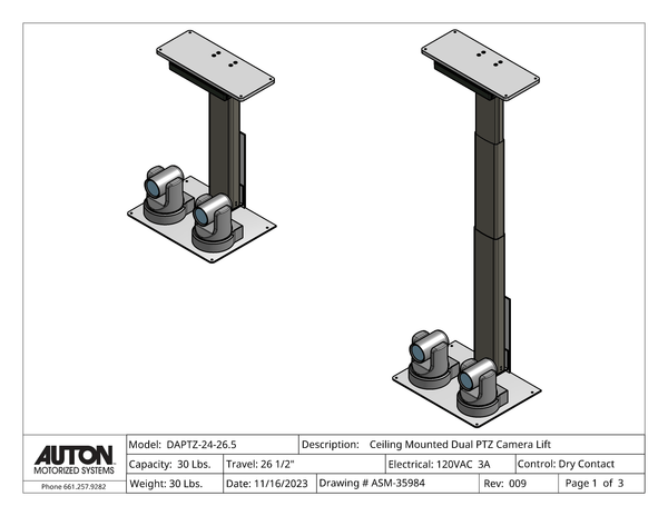 Dual PTZ Camera Lift - Ceiling Mounted - Travel: 26.5 Inches - Model DAPTZ-24-26.5