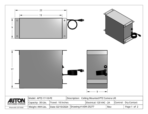 Plenum Enclosed PTZ Camera Lift - Ceiling Mounted - Travel 10" - Model APTZ-17-10-PE