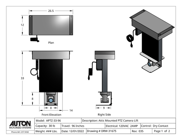 PTZ Camera Lift - Ceiling Mounted - Travel: 96 Inches - Model APTZ-33-96