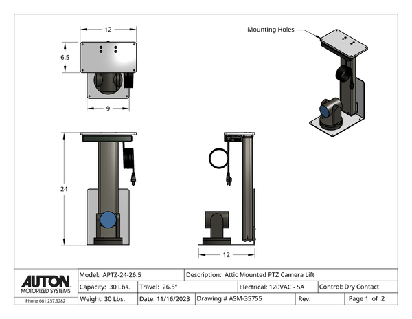 PTZ Camera Lift - Ceiling Mounted - Travel: 26.5 Inches - Model APTZ-24-26.5