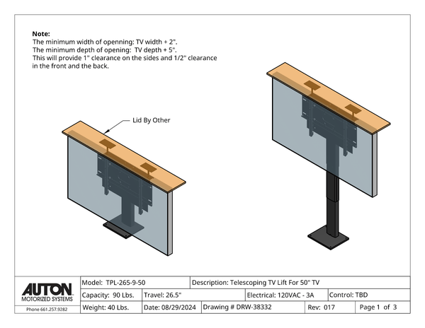 Model TPL-265-9-50 Cabinet TV Lift For A 50" TV