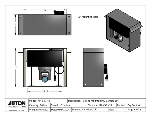 PTZ Camera Lift - Ceiling Mounted - Travel 10" - Model APTZ-17-10