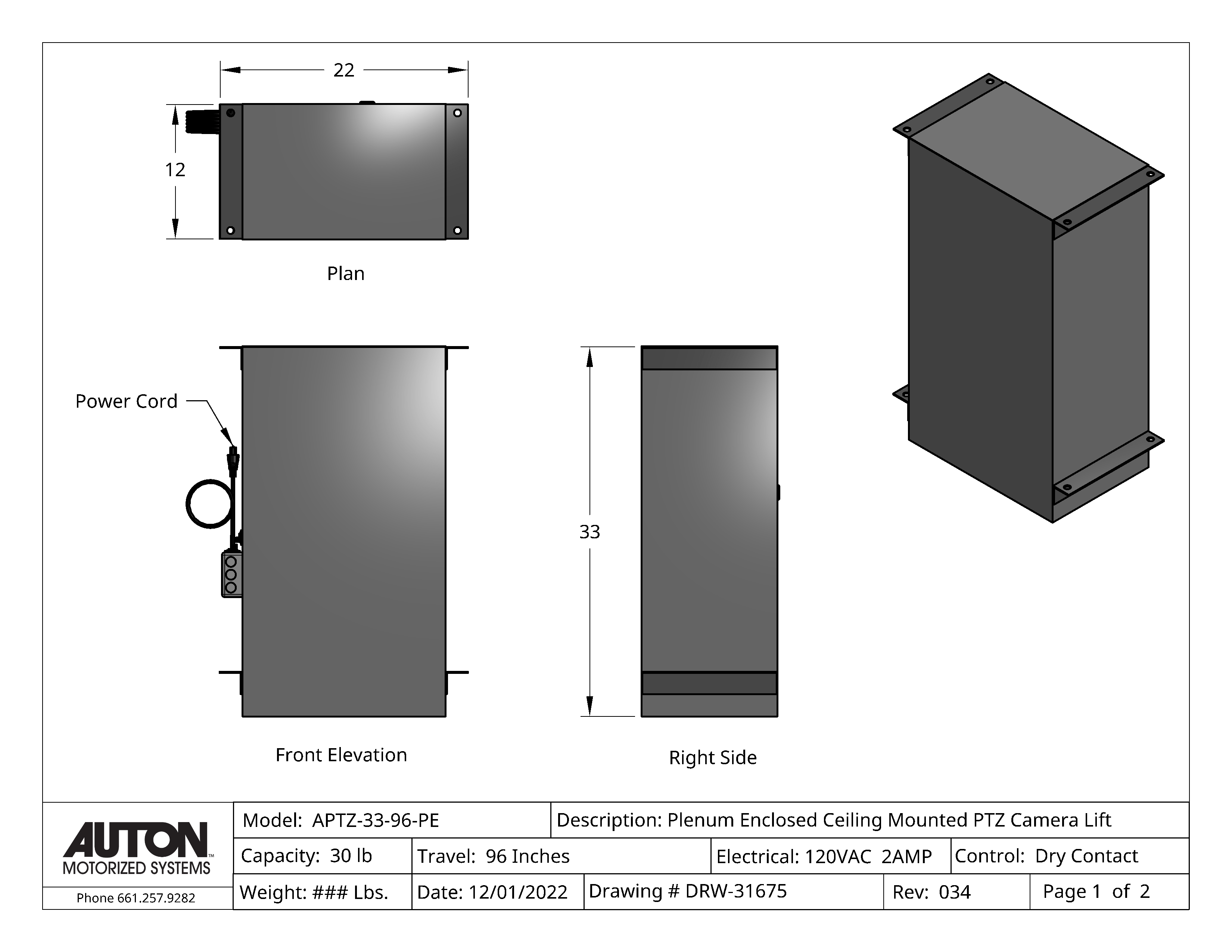 Plenum Enclosed PTZ Camera Lift - Ceiling Mounted - Travel: 96 Inches - Model APTZ-33-96-PE