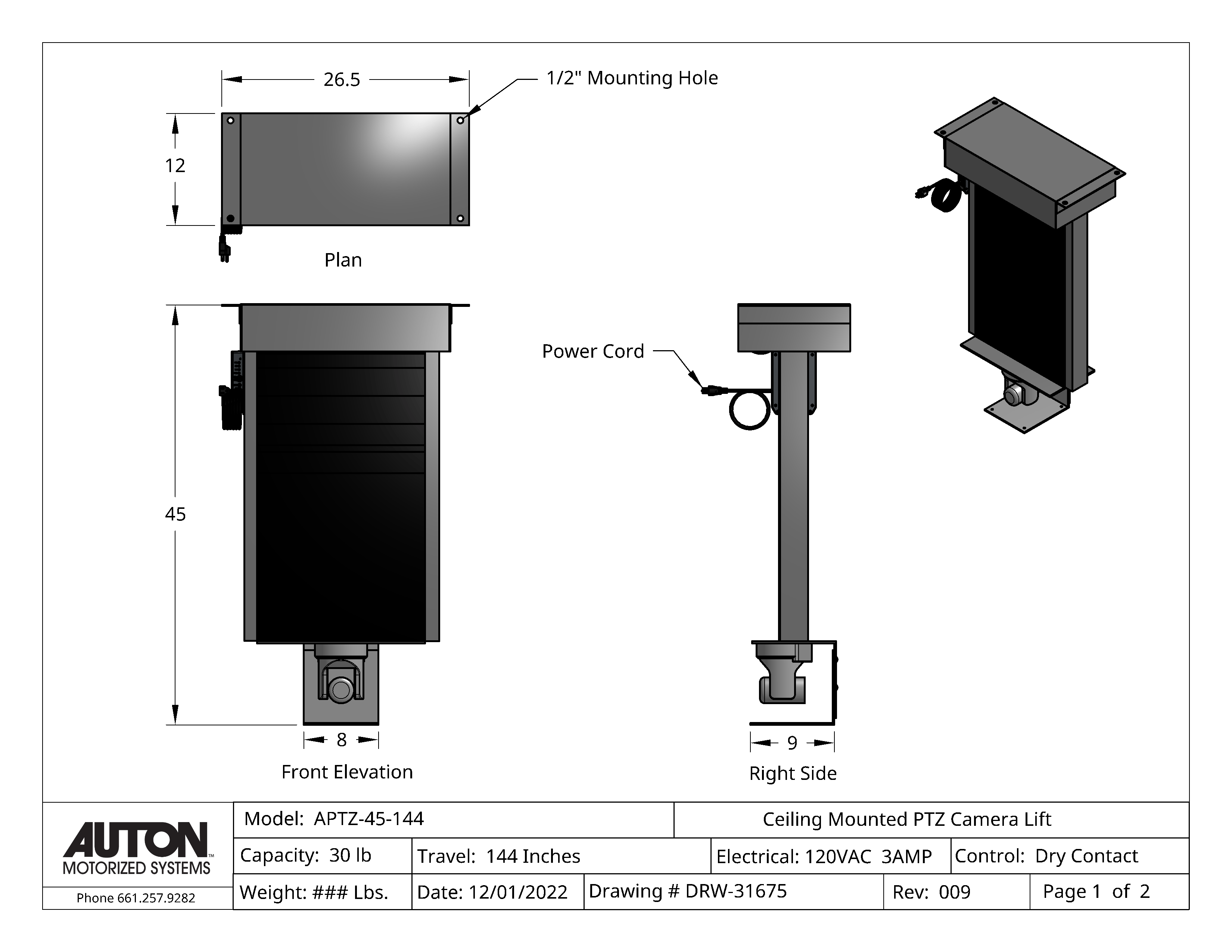 PTZ Camera Lift - Ceiling Mounted - Travel: 144 Inches - Model APTZ-45-144