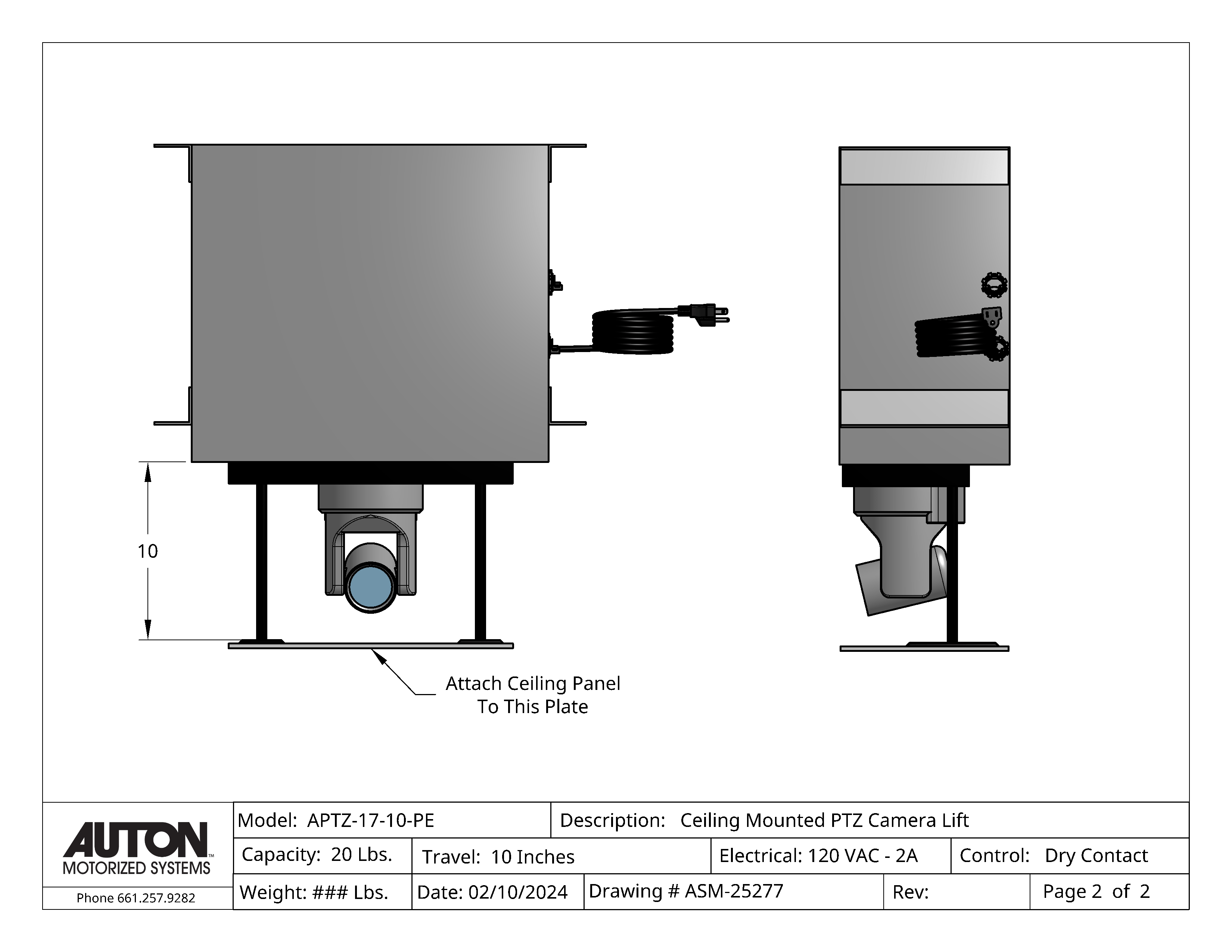 Plenum Enclosed PTZ Camera Lift - Ceiling Mounted - Travel 10
