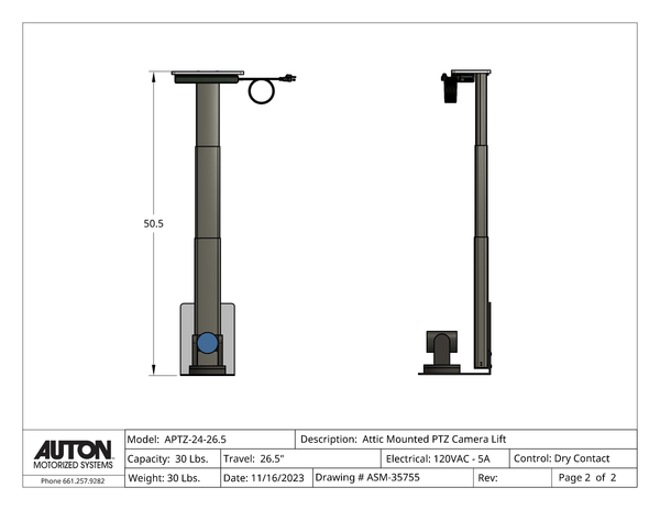 PTZ Camera Lift - Ceiling Mounted - Travel: 26.5 Inches - Model APTZ-24-26.5