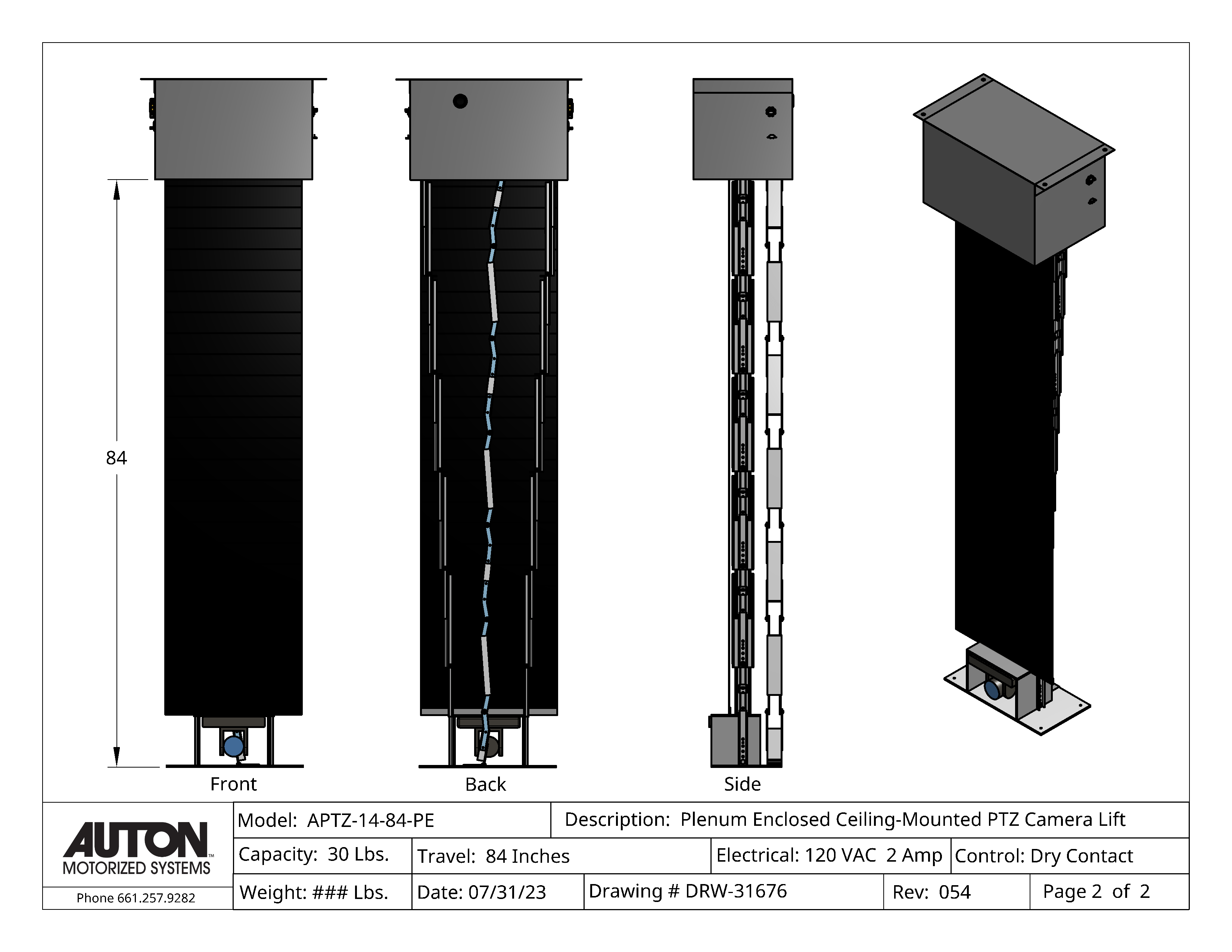 Plenum Enclosed PTZ Camera Lift - Ceiling Mounted - Travel: 84 Inches - Model APTZ-14-84-PE