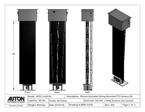 Plenum Enclosed PTZ Camera Lift - Ceiling Mounted - Travel: 84 Inches - Model APTZ-14-84-PE