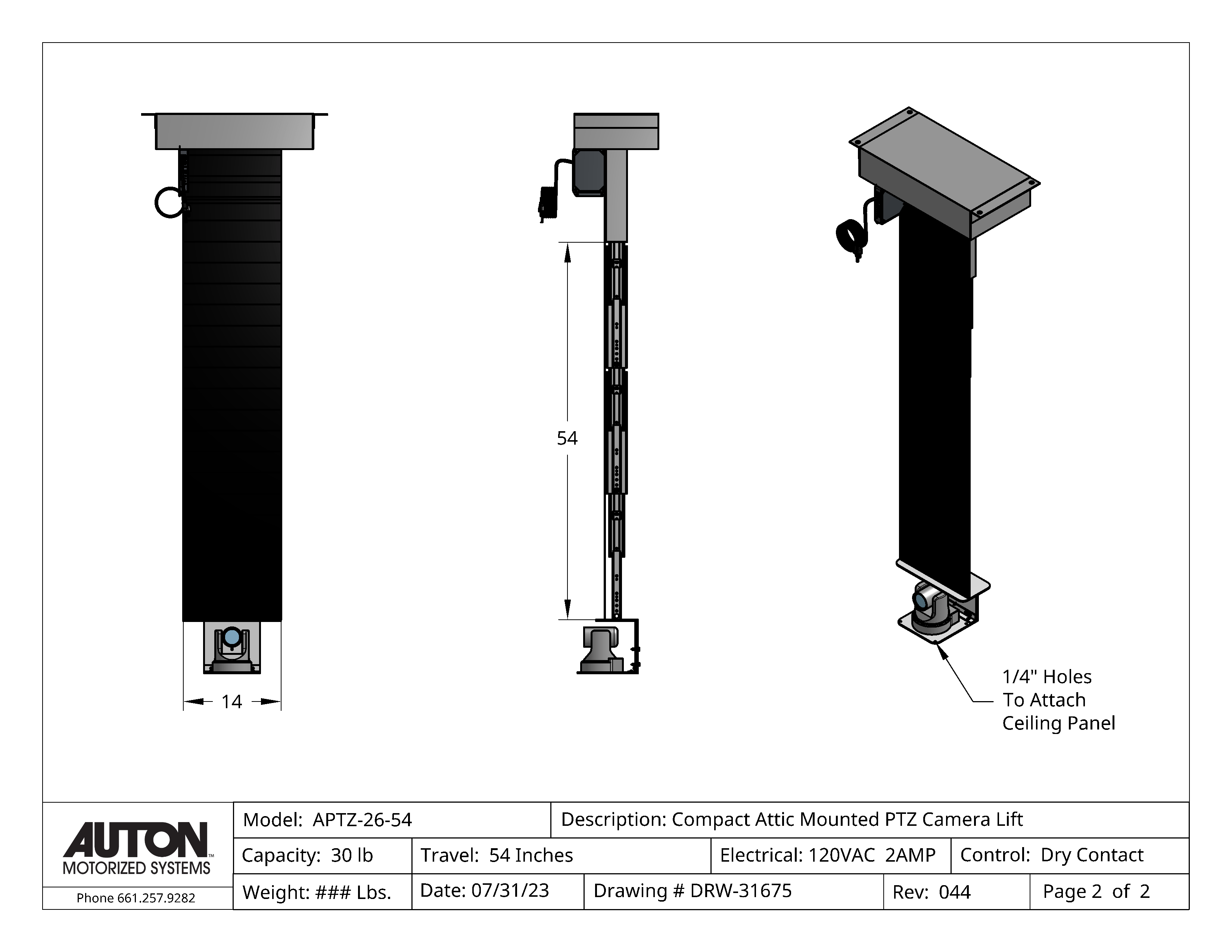 PTZ Camera Lift - Ceiling Mounted - Travel: 54 Inches - Model APTZ-26-54
