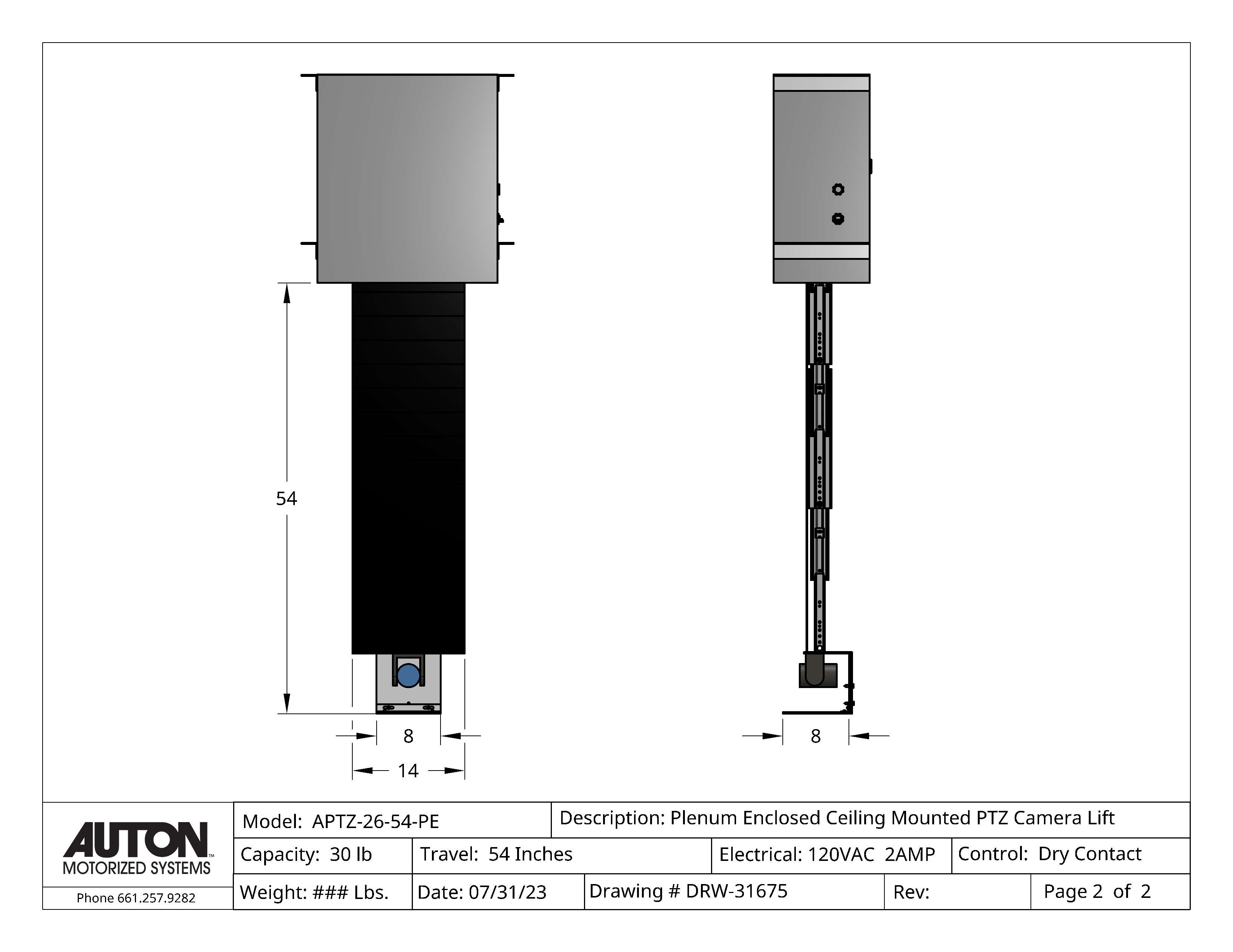 Plenum Enclosed PTZ Camera Lift - Ceiling Mounted - Travel: 54 Inches - Model APTZ-26-54-PE