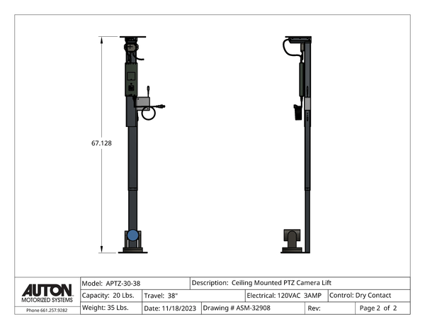 PTZ Camera Lift - Ceiling Mounted - Travel: 38 Inches - Model APTZ-30-38