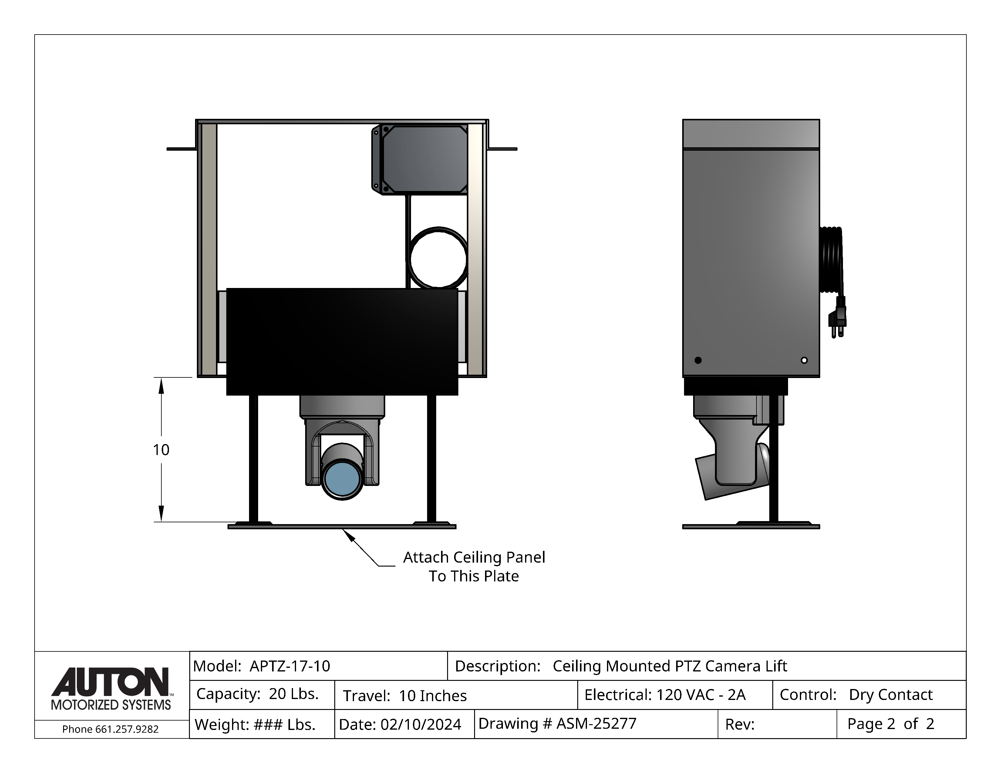 PTZ Camera Lift - Ceiling Mounted - Travel 10