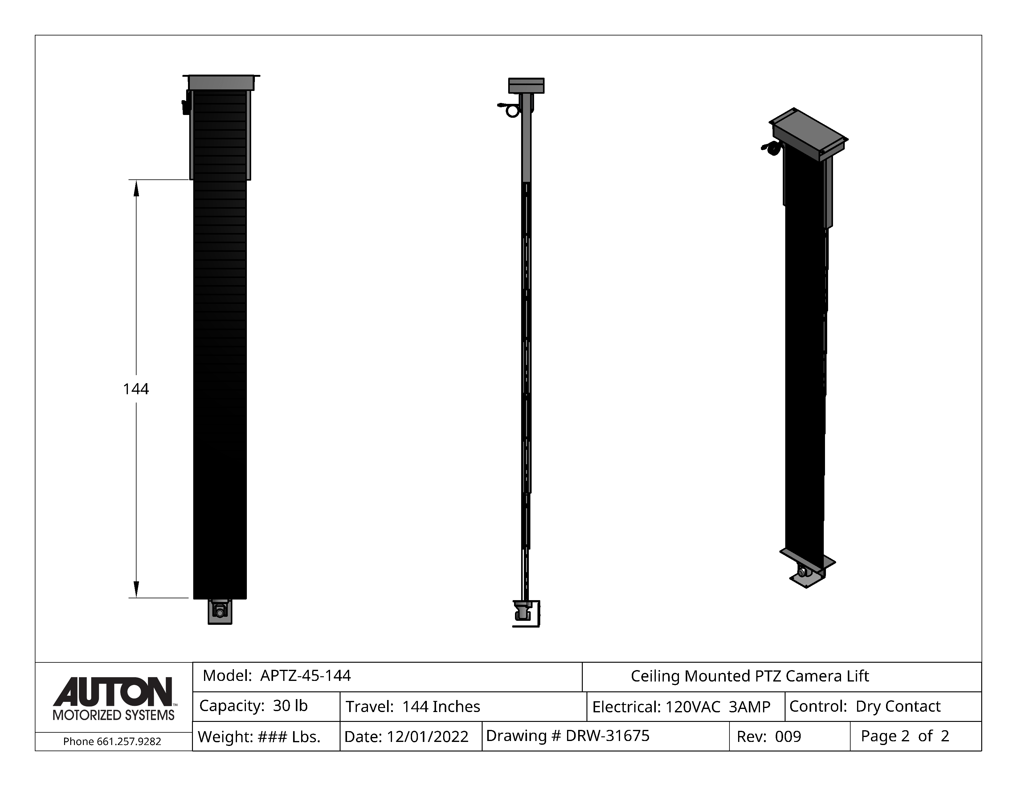 PTZ Camera Lift - Ceiling Mounted - Travel: 144 Inches - Model APTZ-45-144