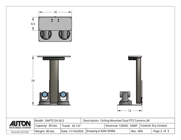 Dual PTZ Camera Lift - Ceiling Mounted - Travel: 26.5 Inches - Model DAPTZ-24-26.5