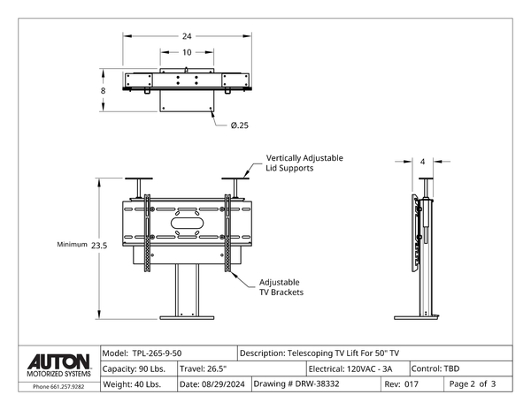 Model TPL-265-9-50 Cabinet TV Lift For A 50" TV