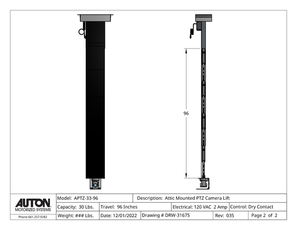 PTZ Camera Lift - Ceiling Mounted - Travel: 96 Inches - Model APTZ-33-96