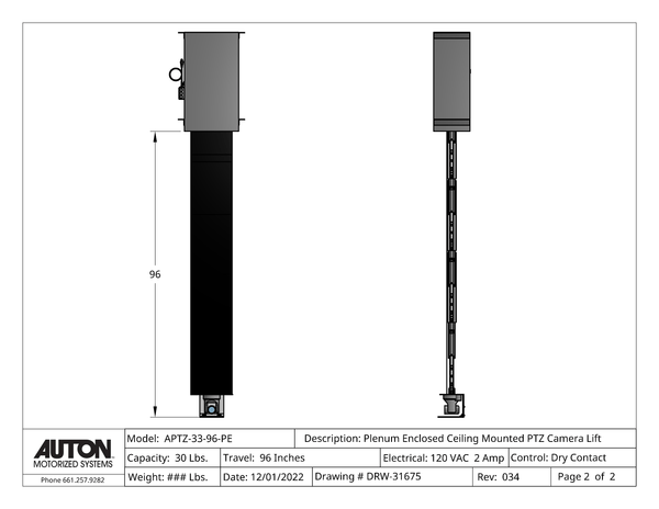 Plenum Enclosed PTZ Camera Lift - Ceiling Mounted - Travel: 96 Inches - Model APTZ-33-96-PE